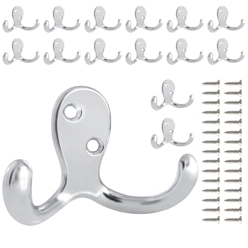 15 Pack Coat Hooks Wall Hooks for Hanging, Heavy Duty Double Prong Metal Hook Wall Mounted for Living Room, Bathroom, Kitchen, Bedroom for Coat, Bag, Scarf, Towel, Hat, Key, Cup (Silver) - color: Silver-15pack