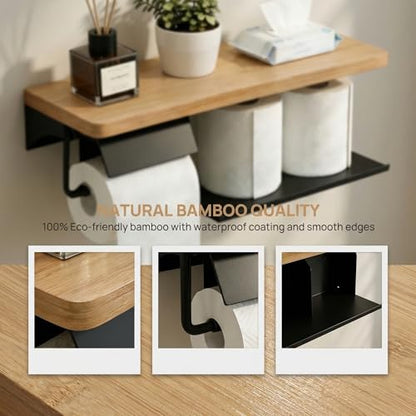 Toilet Paper Holder with Shelf - 2 Tier Wood Toilet Paper Holder Wall Mount for Bathroom, Rustic Natural Wood Double Toilet Paper Holder, Smart Bathroom Organizer with Shelf