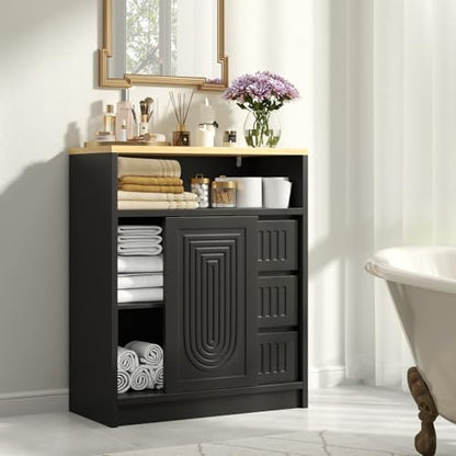 Gyfimoie Freestanding Bathroom Storage Cabinet with 3 Drawers & 1 Sliding Door, Floor Cabinet with Adjustable Shelves for Bathroom, Entryway (Black)