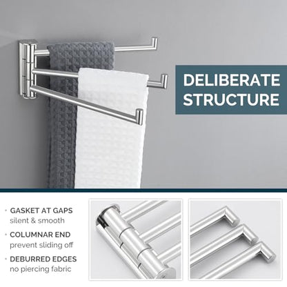 Angle Simple Swivel Hand Towel Rack, Foldable 3 Bars, Polished Chrome | Solid SUS304 Stainless Steel, Kitchen Towel Holder, Triple Arms Space Saving, 9.84" - color: Polished Chrome