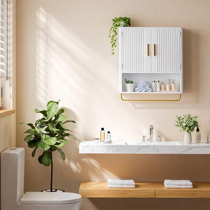 Bathroom Wall Cabinet, Medicine Cabinet with Fluted Door & Adjustable Shelf | Over The Toilet Storage Cabinet with Towel Bar, Space-Saving Cabinet Wall Mount for Laundry Room, Kitchen, Living Room - color: White