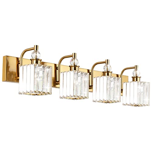 Ralbay Crystal Vanity Lights 4-Lights 31.5''Gold Bathroom Lighting Fixtures Over Mirror Modern Crystal Gold Bathroom Vanity Lights - color: Square-Brass, size: 32 inch