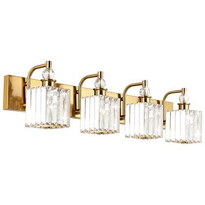 Ralbay Crystal Vanity Lights 4-Lights 31.5''Gold Bathroom Lighting Fixtures Over Mirror Modern Crystal Gold Bathroom Vanity Lights - color: Square-Brass, size: 32 inch