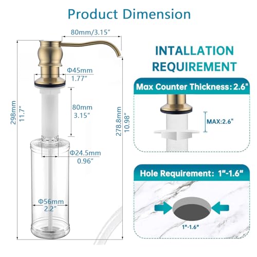 Built in Deck Mount Liquid Lotion Kitchen Countertop Metal Soap Dispenser, Brushed Gold Brass Dispenser Pump with 500ml (17oz) High Capacity Bottle - color: Brushed Gold, size: Without Hose