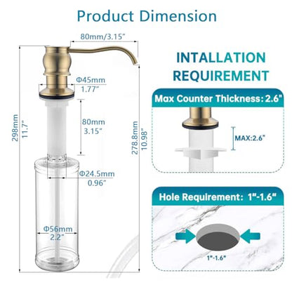 Built in Deck Mount Liquid Lotion Kitchen Countertop Metal Soap Dispenser, Brushed Gold Brass Dispenser Pump with 500ml (17oz) High Capacity Bottle - color: Brushed Gold, size: Without Hose