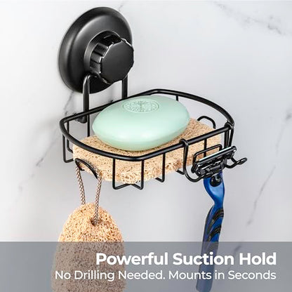 HASKO accessories Suction Soap Dish with Hooks - Super Powerful Vacuum Suction Cup Shower Soap Holder - Rustproof Stainless Steel SS304 Soap Basket - Sponge Holder for Bathroom & Kitchen (Black) - color: Black
