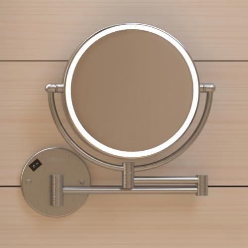 Whitehaus Wall-Mounted LED Magnifying Mirror – 8” Dual-Sided Mirror with 7X Zoom, Extendable Arm, Touch-Activated Light, Brushed Nickel - color: Brushed Nickel