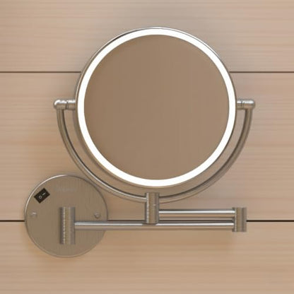 Whitehaus Wall-Mounted LED Magnifying Mirror – 8” Dual-Sided Mirror with 7X Zoom, Extendable Arm, Touch-Activated Light, Brushed Nickel - color: Brushed Nickel