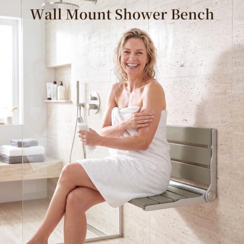 Wall Mount Shower Seat 18" for Adults | Shower Bench Wall Mount for Inside Shower, Fold Down Shower Seat, Shower Seats for Adults - color: Grey & Stainless Steel & Silver