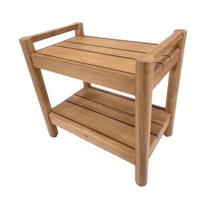 Asta Select Solid Teak 20" Shower Bench with Arms, Portable Teak Wood Spa/Shower/Outdoor Bench with Storage Shelf, Accent Side Table, Fully Assembled, ST-61A