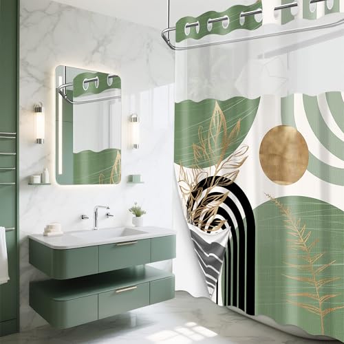 Sage Green Hookless Shower Curtain with Snap in Liner, Boho Mid Century Black and Light Green No Hook Double Layer Shower Curtains and Liner Set, Waterproof Cloth Fabric，60" W X 74" L - color: Green, size: 60"W x 74"L (Pack of 1)