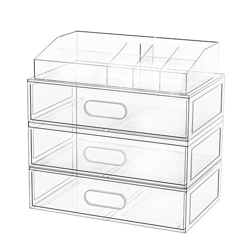 Clear Stackable Makeup Organizer with Drawer, 12''W Acrylic Storage Drawers | Cosmetic Display Case for Vanity Bathroom Countertop Drawers, Beauty Holder for Lipstick Brush Skincare Perfume - size: 4 Pack