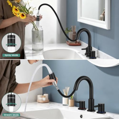 Bathroom Faucet 3 Hole with Pull Down Sprayer Matte Black, 2-Handle | Lead-free stainless steel, pop-up drain, 360°swivel, 8-inch widespread Faucet for RV/vanity sink, 3-hole mount - color: 2-Matte Black, style: 8 Inch Pull Down