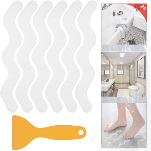 24 PCS Anti Slip Shower Stickers,Safety Anti Slip Shower Adhesive Strips Treads for Bathroom Floor Tub Stairs Ladders Pools Boats, Bathtub Appliques for Adults & Kids with Scraper