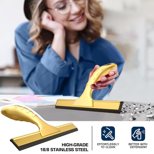 All-Purpose Shower Squeegee for Shower Glass Doors with 2 Adhesive Hook, Stainless Steel Squeegee for Bathroom, Household Window, Mirrors, Tiles and Car Windows 10 Inches, Clear, Golden