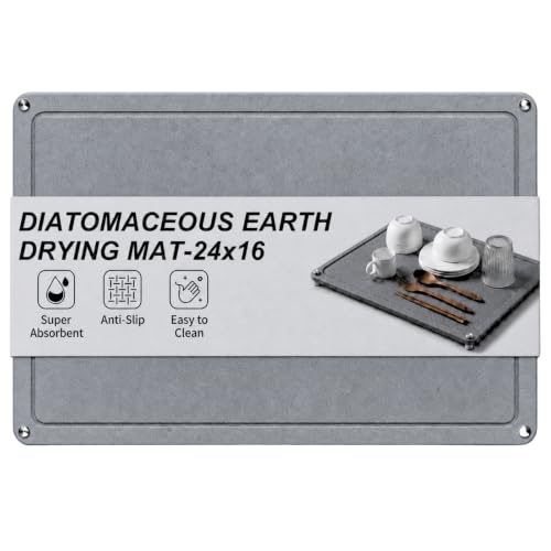 Diatomaceous Earth Dish Drying Mat, Counter, Dark Gray, 24x16 in | Food-grade diatomaceous earth, fast water absorption, 4 sturdy steel feet, doubles as bath or pet mat, dishes not included