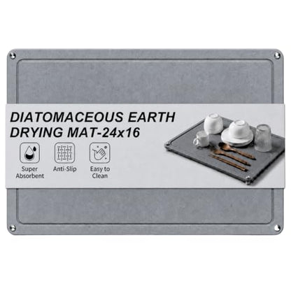 Diatomaceous Earth Dish Drying Mat, Counter, Dark Gray, 24x16 in | Food-grade diatomaceous earth, fast water absorption, 4 sturdy steel feet, doubles as bath or pet mat, dishes not included