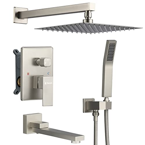 DASAN Tub Shower Faucets Sets Complete Brushed Nickel Bathtub Shower System with Tub Spout, Bathtub Faucet Set Tub and Shower Faucet Combo Trim Kit with Rough-in Valve, DA-SS03BN-S10W - color: Brushed Nickel