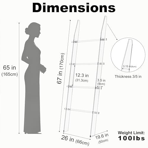 Blanket Ladder 5.6FT for Bathroom, 4 Tier Modern Decor Waterproof Blanket Holder for Living Room and Bedroom, Easy Assembly Clear Acrylic Ladder Shelf, Leaning Quilt Rack with Anti Slip Pads