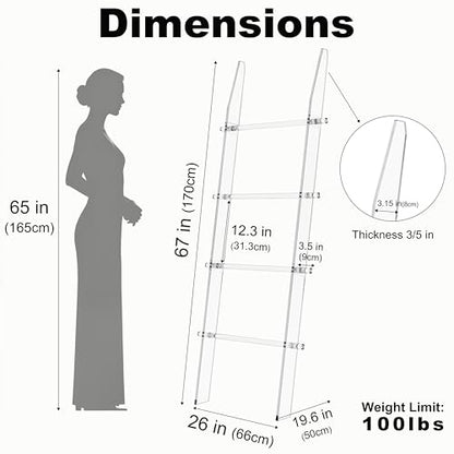Blanket Ladder 5.6FT for Bathroom, 4 Tier Modern Decor Waterproof Blanket Holder for Living Room and Bedroom, Easy Assembly Clear Acrylic Ladder Shelf, Leaning Quilt Rack with Anti Slip Pads