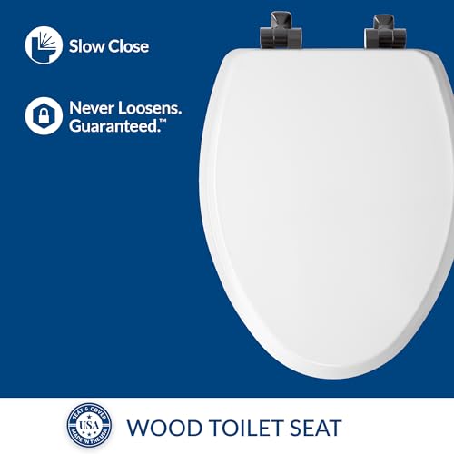 Mayfair Bennett Toilet Seat with Matte Black Hinges, Slow Close Wood Seat, Secure Metal Hinges, Easy Install, Made in USA, Elongated, White - color: Matte Black, size: Elongated