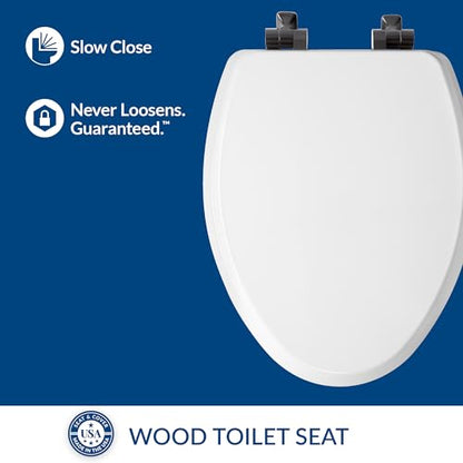 Mayfair Bennett Toilet Seat with Matte Black Hinges, Slow Close Wood Seat, Secure Metal Hinges, Easy Install, Made in USA, Elongated, White - color: Matte Black, size: Elongated