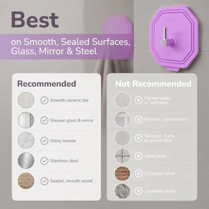 SILKLE Silicone Shower Hooks for Inside Shower, 2-Pack Adhesive Towel Hooks | Adhesive Shower Hooks, No Drill - Razor & Loofah Holders for Shower Wall, Heavy-Duty, Waterproof, Damage-Free - Purple - color: Purple