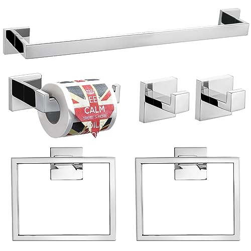 TQKAG 6-Piece Towel Bar Set, 23.6" Bathroom Hardware Set, Polished Chrome | SUS304 Stainless Steel, Chrome Bathroom Accessories Include Toilet Paper Holder, Towel Bar, Towel Ring, Coat Hook, Wall Mount - color: Polished Chrome, size: 6-Pieces Set-A