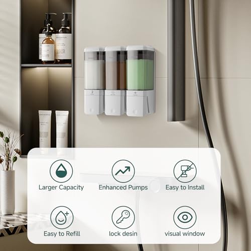 Shampoo and Conditioner Dispenser 3 Chamber 17oz No Drill Shower Soap Dispenser Wall Mounted Shampoo Conditioner Body Wash Refillable Bathroom Shower Dispenser (White+Smoke Gray 3 Chamber) - color: White-smoke Gray-3