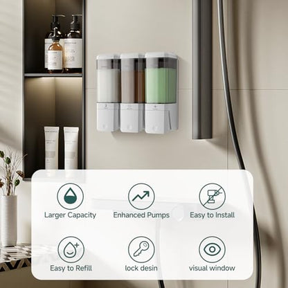Shampoo and Conditioner Dispenser 3 Chamber 17oz No Drill Shower Soap Dispenser Wall Mounted Shampoo Conditioner Body Wash Refillable Bathroom Shower Dispenser (White+Smoke Gray 3 Chamber) - color: White-smoke Gray-3
