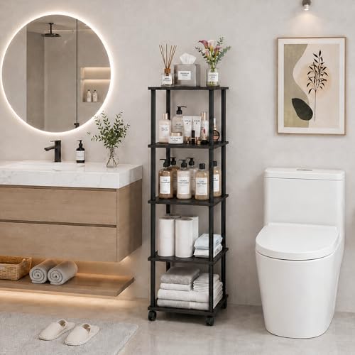 5-Tier 50.4" Tall Black Bathroom Shelving Unit with Wheels | Wood Finish, Metal Frame, Rolling Narrow Open Shelf Design, for Laundry Room, Kitchen, Living Spaces, Easy to Move - color: Black, size: 5-Tier