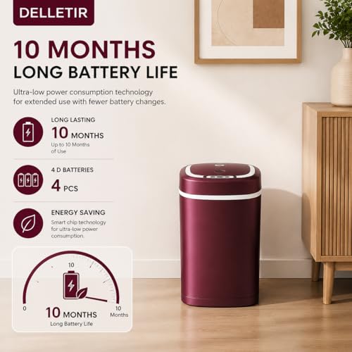 Smart Trash Can, Motion Sensor Trash Can with Lid, 15L Touchless Automatic Garbage Can for Bathroom, Bedroom & Office, Stainless Steel, Quiet Soft-Close, Long Battery Life, Wine - color: Wine