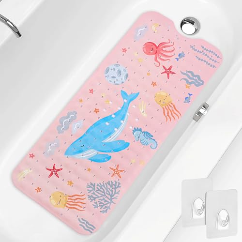 PRATIQUE Kids Bath Mat for Tub Non Slip，40 X 16 Inch Extra Long Kids Bathtub Mat Ocean Bathtub Shower Mat Safety Anti Slip with Suction Cups and Drain Holes, Machine Washable(Pink Whale) - color: Pink