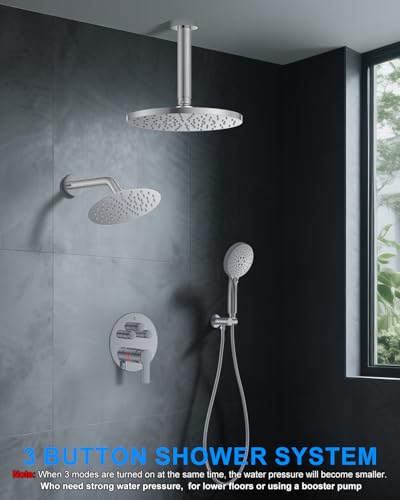 Shower System with Pressure Balance Valve, 10" Ceiling Mount Shower Faucet Set with 2 Rain Shower Head And Multi-function Handheld Head Push Button Diverter Pressure Balancing Valve Kit, Chrome - color: Chrome Polished, style: 10"-Round