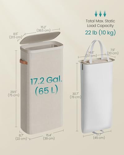 SONGMICS Laundry Basket, 17.2 Gal. Laundry Hamper, Easy Assembly, with Lid and Handles, Removable Liner, 15.4 x 8.7 x 29.5 Inches, Cappuccino Beige ULCB810LH01 - color: Cappuccino Beige, size: 65 L (1-Section)
