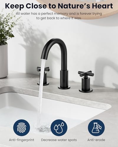 gotonovo 8’’ Bathroom Sink Faucet 3 Hole Matte Black,Curved Spout | Widespread Bathroom Faucet,6-16’’ Vanity,Sink,RV,Lavatory,2 Cross Handle,SUS304,360° Swivel Spout,24’’ cUPC Hose,Pop Up Drain