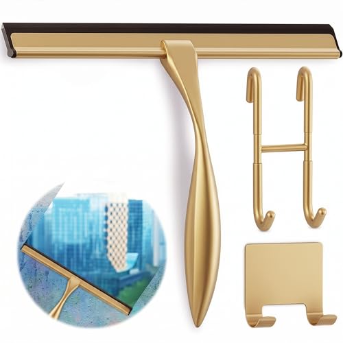 Gold Squeegee for Shower Glass, 14" Silicone Blade, Stainless Steel | Shower Door Squeegee with Hook, Adhesive Mount; All-Purpose Bathroom Tile, Mirror, & Window Wiper for Streak-Free Cleaning - color: Gold, size: 14 Inch