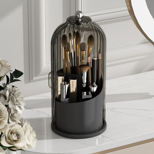 GAXmi Makeup Brush Holder with Lid Rotating Cosmetic Organizer, Black-Grey | 360 Rotation, Waterproof, Dustproof, Moistureproof - color: Black-Grey