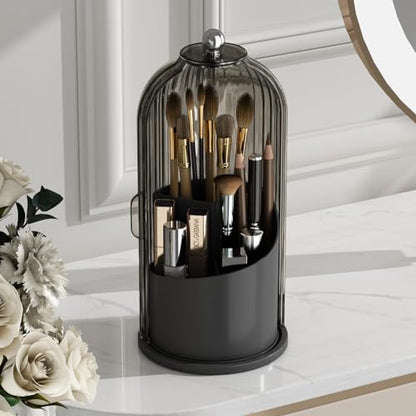 GAXmi Makeup Brush Holder with Lid Rotating Cosmetic Organizer, Black-Grey | 360 Rotation, Waterproof, Dustproof, Moistureproof - color: Black-Grey