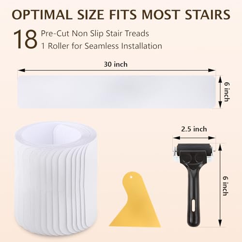 Clear Stair Treads Non Slip 30"x6", 18-Pack Anti Slip Strips for Wooden Steps Indoor, Transparent Adhesive Pre-Cut Step Grips, Safety for Elderly, Children and Dogs - size: 6" x 30"