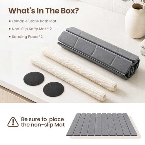 Gray Non-Slip Stone Bath Mat for Bathroom, Foldable Quick Dry | Mosthink Diatomaceous Earth Mat for Bathroom Bath Super Absorbent, Easy to Clean( 23.6'' x 15.3'') - color: Grey