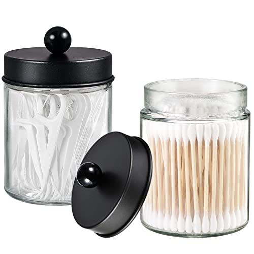 3 Pack Apothecary Jar Canisters Bathroom Vanity Organizer - Qtip Holder Storage Organizer Set Countertop Canister with Stainless Steel Lids &Cute Stickers for Qtips,Cotton Swabs,Makeup Sponges,Floss | Qtip Holder Storage Organizer Set Countertop Canister