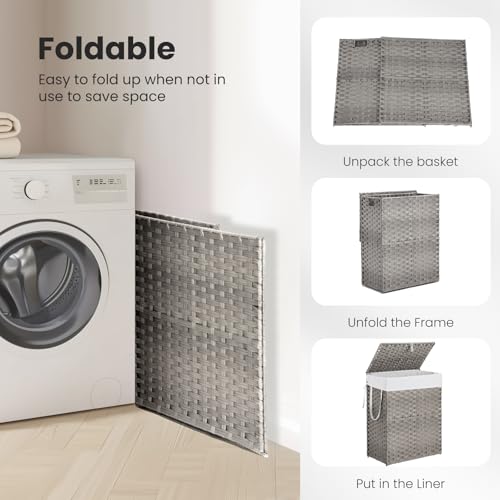 DUMOS Woven Laundry Basket with Lid, 90L Large Capacity Hamper, Removable & Machine-Washable Liner, Foldable Rattan Clothes Hamper, Sturdy Steel Frame, Odor Control, Dove Gray - color: Dove Gray, size: 90L