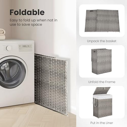 DUMOS Woven Laundry Basket with Lid, 90L Large Capacity Hamper, Removable & Machine-Washable Liner, Foldable Rattan Clothes Hamper, Sturdy Steel Frame, Odor Control, Dove Gray - color: Dove Gray, size: 90L