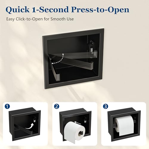Qeke Recessed Toilet Paper Holder 304 Stainless Steel, Matte Black | Rustproof Toilet Paper Holder Built-in, in Wall Tissue Paper Holder with Push-to-Open Rod for Bathroom & RV - color: Matte Black