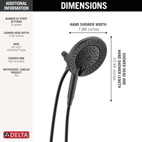 Delta 6-Setting In2ition 2-in-1 Dual Shower Head with Handheld High Pressure ProClean Spray, Matte Black Detachable Shower Head with Hose, 1.75 GPM Flow Rate, Matte Black 75655BL - color: Matte Black
