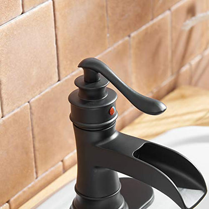 BWE Matte Black Waterfall Bathroom Faucet, Solid Brass, 1.2 GPM | Waterfall Spout, Ceramic Cartridge, California-Compliant, Fits 1 or 3-Hole Sinks, Handware Included, Single Handle - color: Black