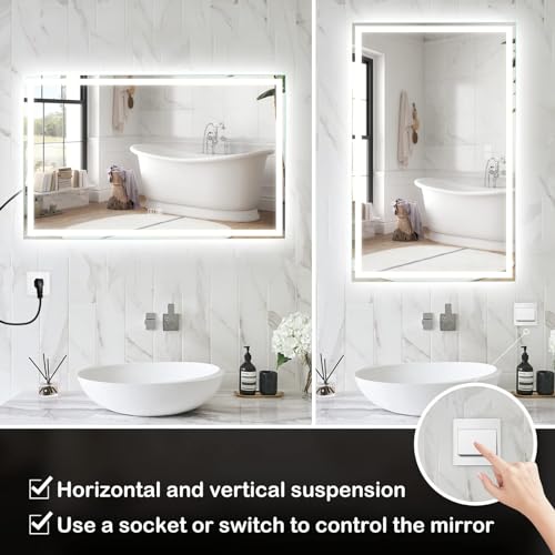 ROOMTEC 40x32 Inches LED Bathroom Mirror with Lights, Vanity Mirror with Front and Backlight, Smart Dimmable Anti-Fog LED Mirror for Bathroom, Memory Function, Tempered Glass (Horizontal/Vertical) - size: 40"L x 32"W