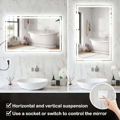 ROOMTEC 40x32 Inches LED Bathroom Mirror with Lights, Vanity Mirror with Front and Backlight, Smart Dimmable Anti-Fog LED Mirror for Bathroom, Memory Function, Tempered Glass (Horizontal/Vertical) - size: 40"L x 32"W