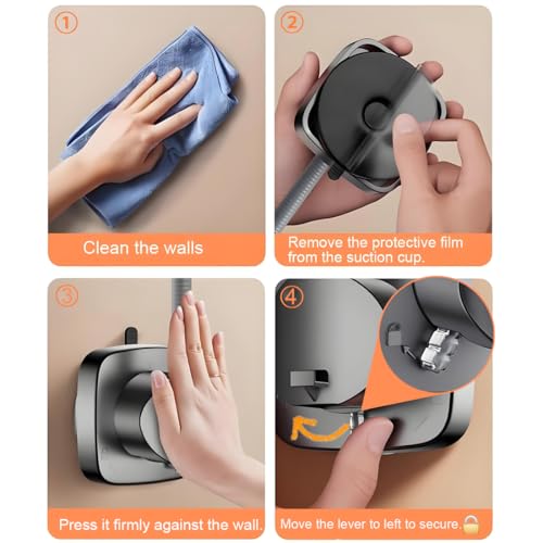 Suction Cup Shower Head Holder - Angle Adjustable Spring Arm, Flexible Wall Mount Shower Hose Holder, Removable Hand Held Shower Bracket with Vacuum Lock & Bonus Hook for Bathroom, Kitchen - color: Black